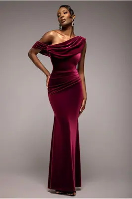 Goddiva Cowl One Shoulder Velvet Maxi Dress - Burgundy Red