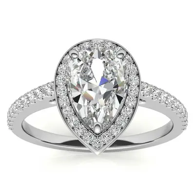10K White Gold Pear Cut Halo Moissanite Engagement Ring