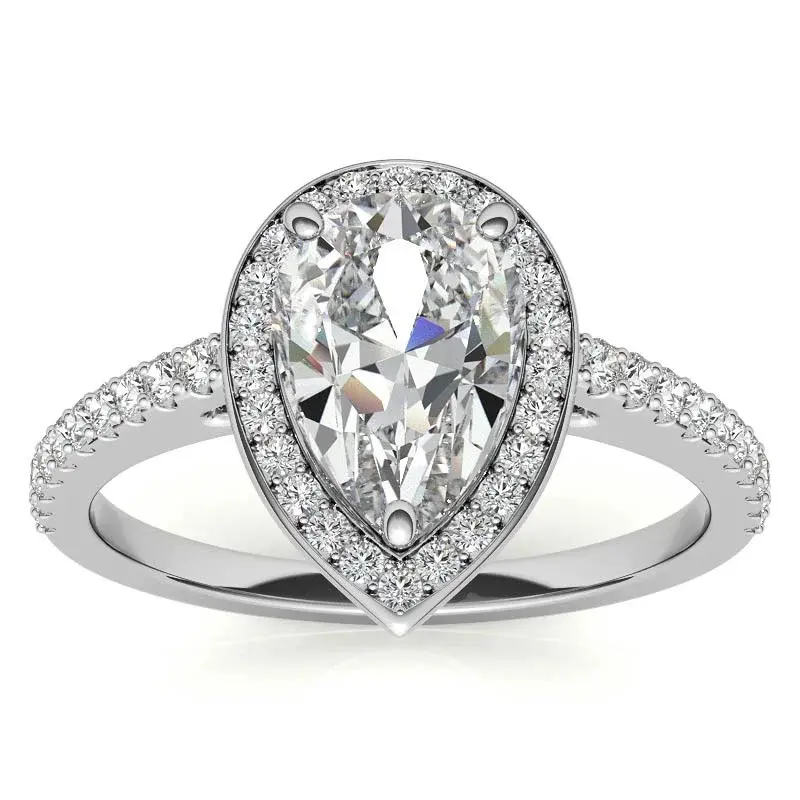 10K White Gold Pear Cut Halo Moissanite Engagement Ring