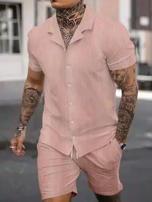 2 Pieces Men's Summer Clothes, Two-Piece Set Plain Button Front Shortsleeve Shirt & Drawstring Waist Shorts Suits Set, Mens...