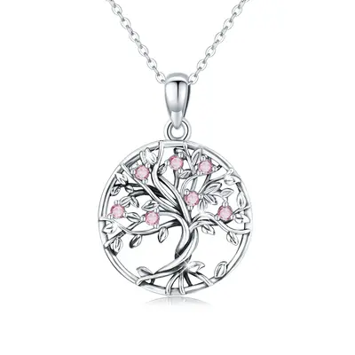 Sterling Silver Pink Cubic Zirconia Tree Of Life Circle Necklace for Women
