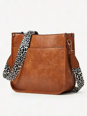 Women's 1 Piece Colorblock Cow Print Crossbody Bag with Ethnic Print Shoulder Strap, Fashionable All over Print Large Capacit...