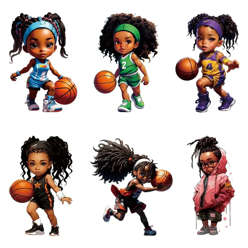Cartoon Basketball Girl Pattern Heat Transfer Sticker, 6 Counts/set Cute Cool Girl Graphic Heat Transfer Sticker, DIY Heat Tr...