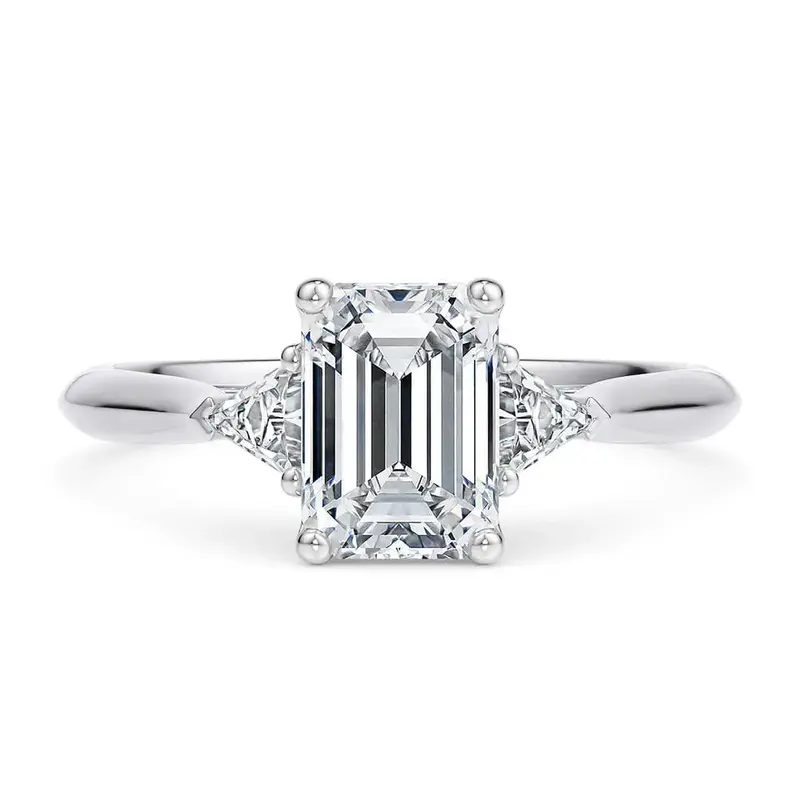 Sterling Silver 1CT Emerald Moissanite Personalized Engraving Three-Stone Engagement Ring