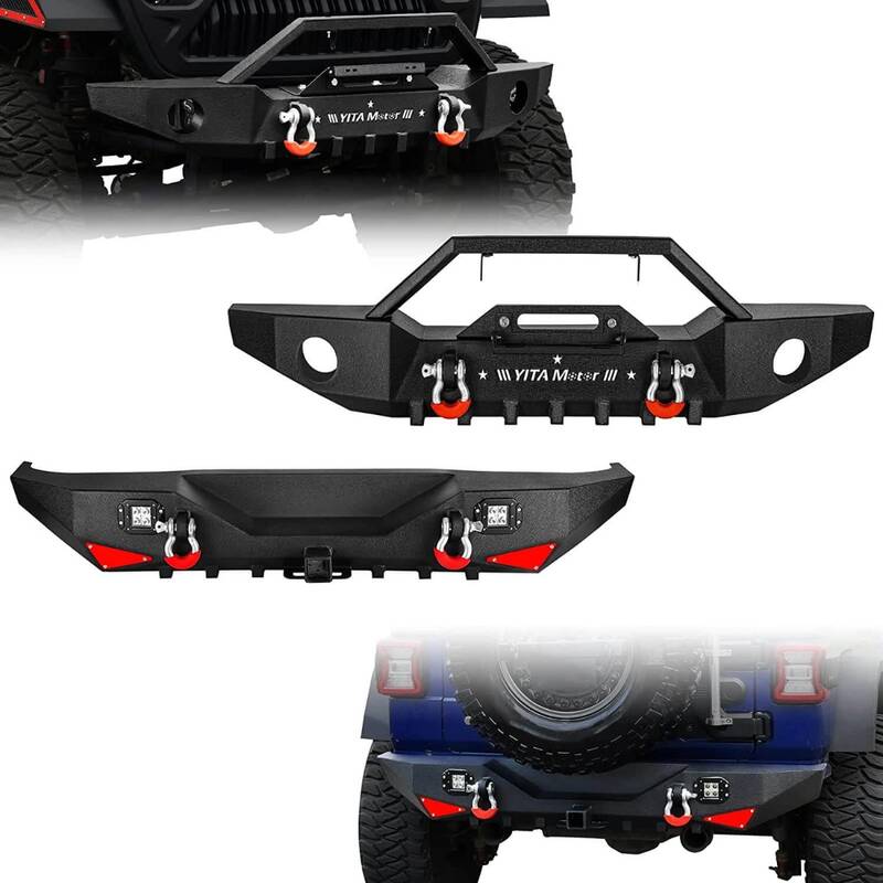 YITAMOTOR® Front Rear Bumper for 2018-2025 Jeep Wrangler JL，w/ Winch Plate & 2 × D-Rings & Fog Holes