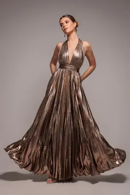 Goddiva Sunrise Foil Halterneck A-Line Maxi Dress - Bronze