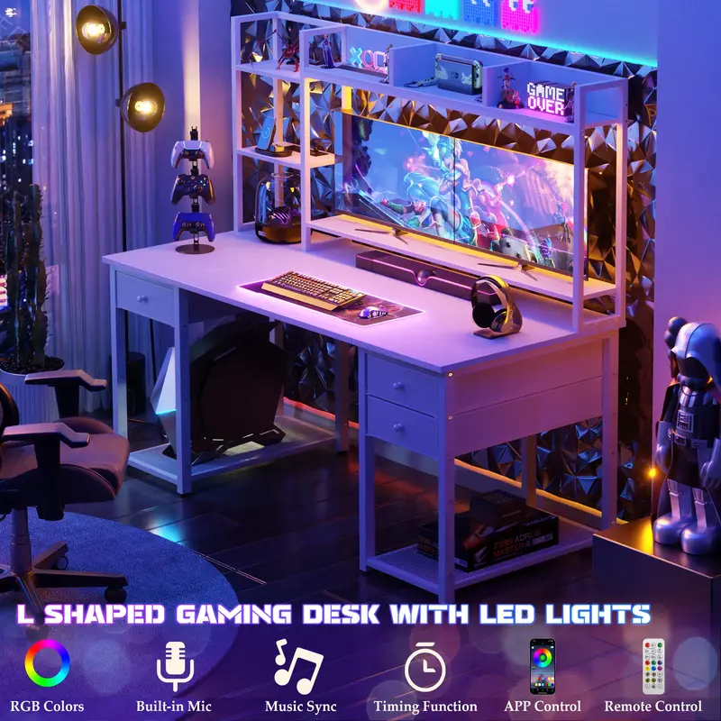 Gaming Desk with Hutch, 47.2'' and 55.2'' Computer Desk with Drawers, Reversible Office Desk with Storage Bookshelf Large Wor...