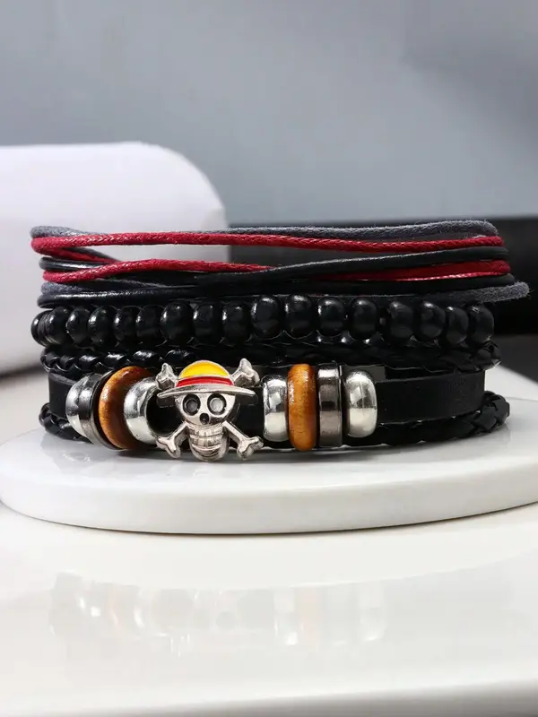 Men's Fashion Skull Charm Bracelet Set, 3pcs Handmade Beaded Adjustable Bracelet, Casual Holiday Party Jewelry Accessories, D...