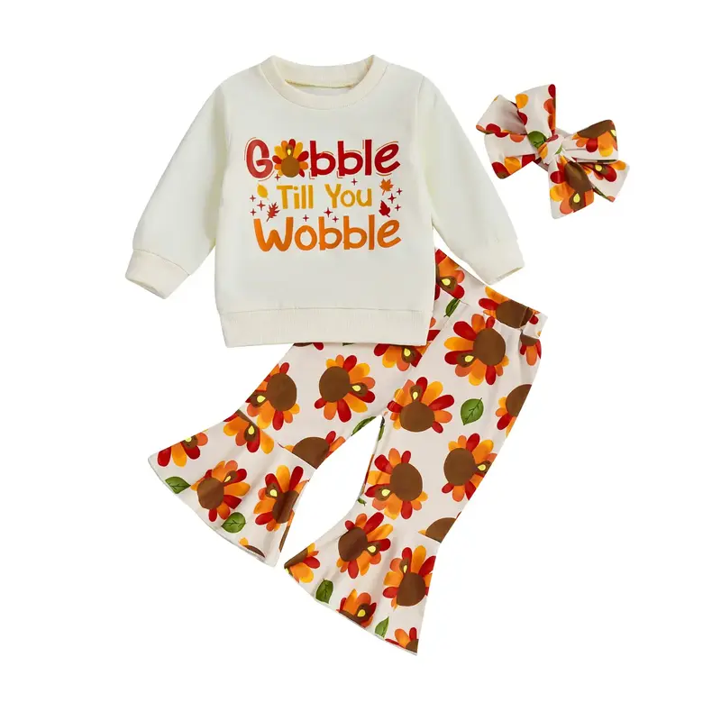 Baby Girl 2Pcs Thanksgiving Outfits Long Sleeve Turkey Print Tops + Pants + Headband Set Toddler Clothes