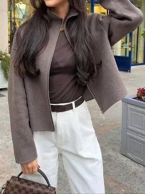 Women's Solid Color Zip Up Jacket, Casual Long Sleeve Collared Outerwear for Fall & Winter, Ladies Clothes for Daily Wear