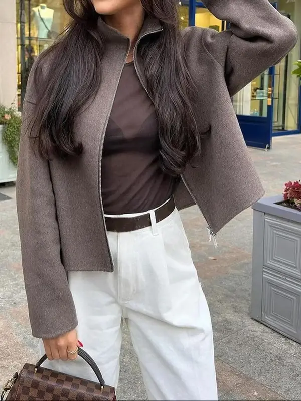 Women's Solid Color Zip Up Jacket, Casual Long Sleeve Collared Outerwear for Fall & Winter, Ladies Clothes for Daily Wear