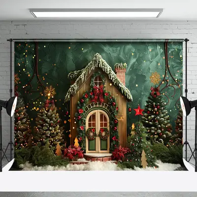 Green Wall Trees Wooden House Christmas Backdrop