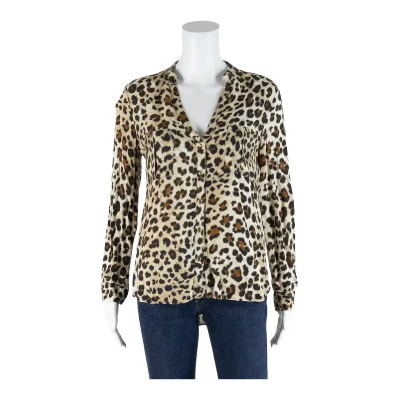 ZARA Leopard Print Beige V-Neck Viscose Long Sleeve Blouse Womens XS