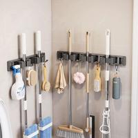 Wall Mounted Broom & Mop Holder, Space Saving Adjustable Broom Storage Rack with Hook, Home Organizer for Bathroom Kitchen Ga...