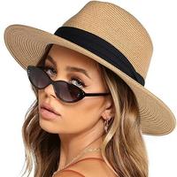 FURTALK Panama Hat Sun Hats for Women Men Wide Brim Fedora Straw Beach Hat UV UPF 50 red  fedora