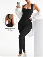 Women's Solid Criss Cross Backless Sports Jumpsuit, High Stretch Seamless Jumpsuit for Yoga Gym Workout, Ladies Sportswear fo...