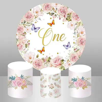 Aperturee Butterfly Flower Round Happy 1St Birthday Backdrop Kit | Circular Birthday Backdrop Cover | Custom Round Backdrop |...