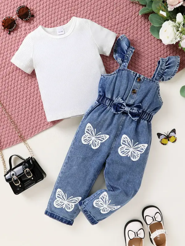 2-piece Set Of Elegant, Sweet, And Cute Little Girl's Neat Color Pit Stripe T-shirt And Butterfly Print Ruffled Denim Jumpsui...