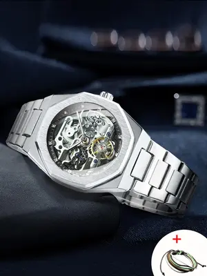 Men's Classic Business Rhinestone Decorated Analog Mechanical Watch, Fashion Watches for Men, Luminous Hands Watch for Party,...