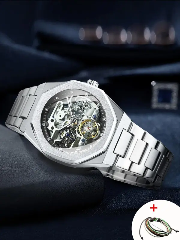 Men's Classic Business Rhinestone Decorated Analog Mechanical Watch, Fashion Watches for Men, Luminous Hands Watch for Party,...