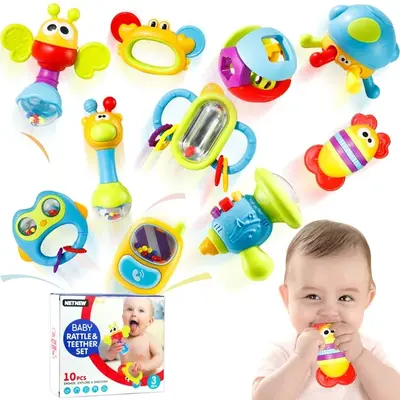 Baby Rattles 10PCs Infant Grab N Shake Rattle with Sensory Teether, Grips for Fine Motor Skills, Colors & Patterns for Eye Tr...