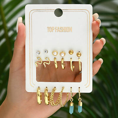 6 Pairs Geometric Metal Faux Pearl Earring Set for Women