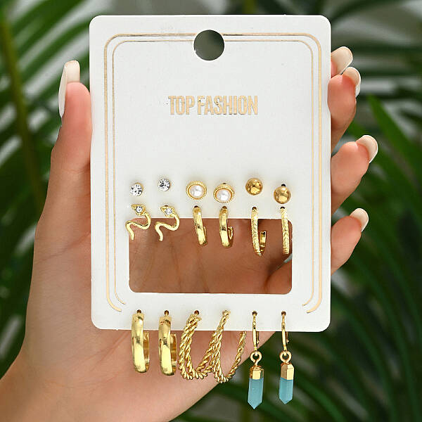 6 Pairs Geometric Metal Faux Pearl Earring Set for Women