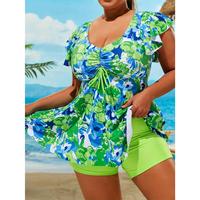 Women's Vacay Tankini Set - Plus Size Floral Pattern Drawstring Front Top & Boxer Short Bottom Swimsuit 2 Piece Set - For Wom...