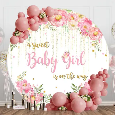 Pink Floral Sweet Girl Round Baby Shower Backdrop - Aperturee