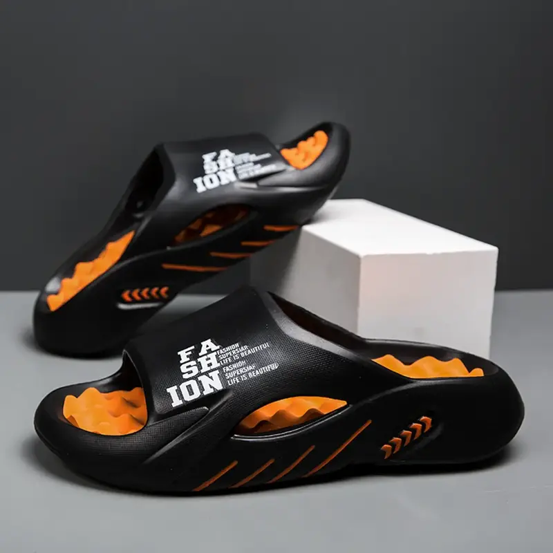 Men's Casual Solid Color Slides, Comfortable Orange and Black Non-slip Soft Lightweight Thick Bottom Slippers for Indoor Outd...