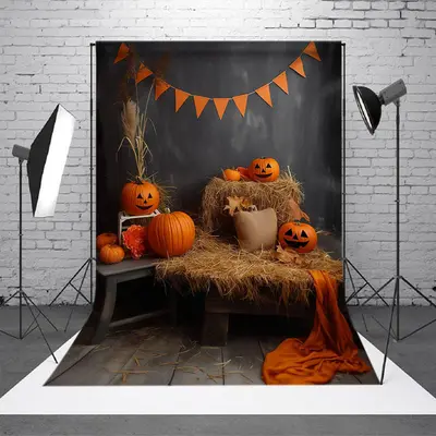 Hay Orange Pumpkins Wooden Floor Halloween Backdrop