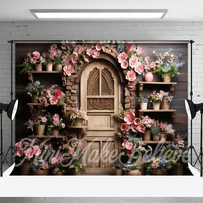 Wooden Retro Door Shelf Wall Pink Flower Backdrop - Aperturee