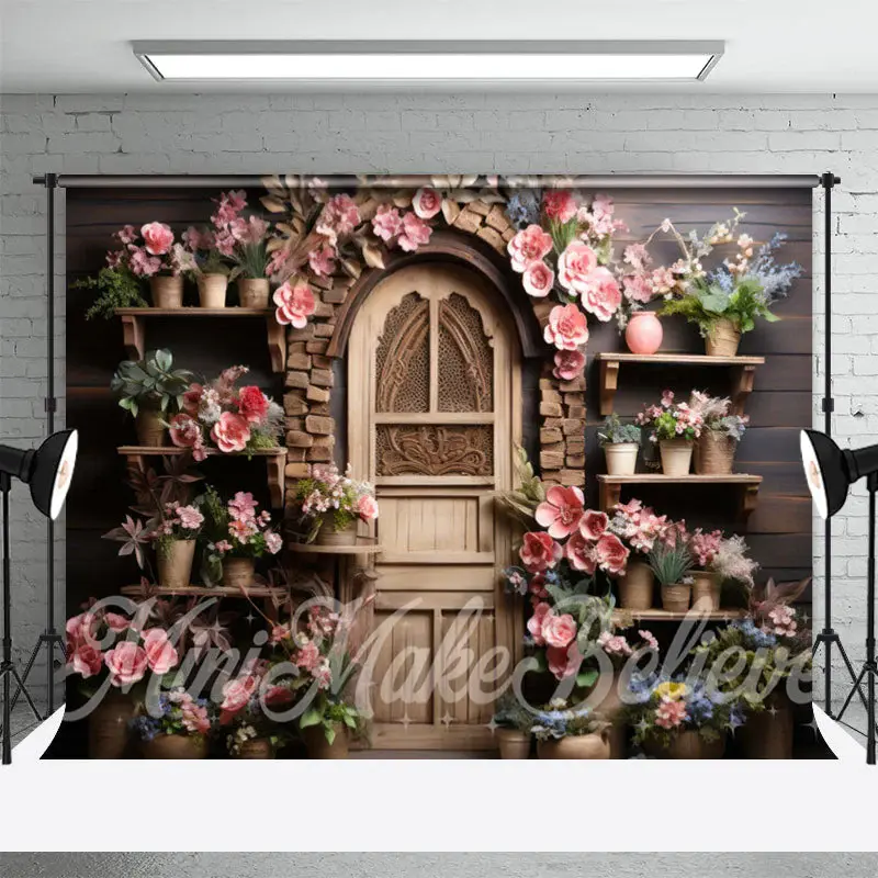 Wooden Retro Door Shelf Wall Pink Flower Backdrop - Aperturee