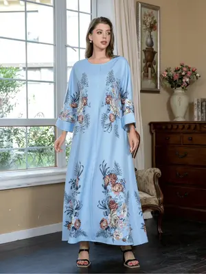 Women's Long Sleeve Dress, Elegant Round Neck Dress for Party Wedding Guest, Ladies Islamic Clothing for All Seasons