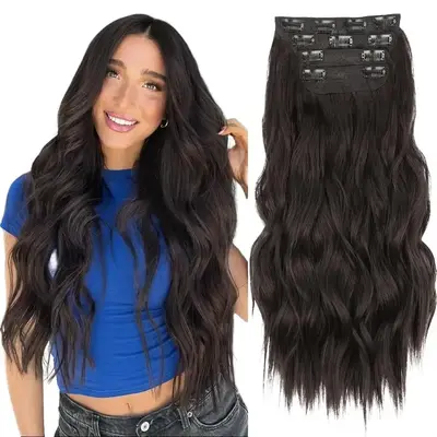 AISI HAIR FallFreshness 4PCS Synthetic Clip in Hair Extensions Black Brown Double Weft 20/24 Inch Long Wavy Straight Hairpiec...