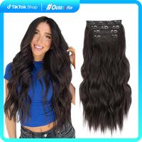 AISI HAIR Summervibes 4PCS Synthetic Clip in Hair Extensions Black Brown Double Weft 20/24 Inch Long Wavy Straight Hairpiece ...