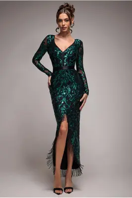 Goddiva Tassel & Sequin Midaxi With Front Split - Emerald Green