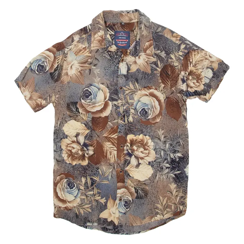 JIN SEN Mens Hawaiian Shirt Brown Floral XL