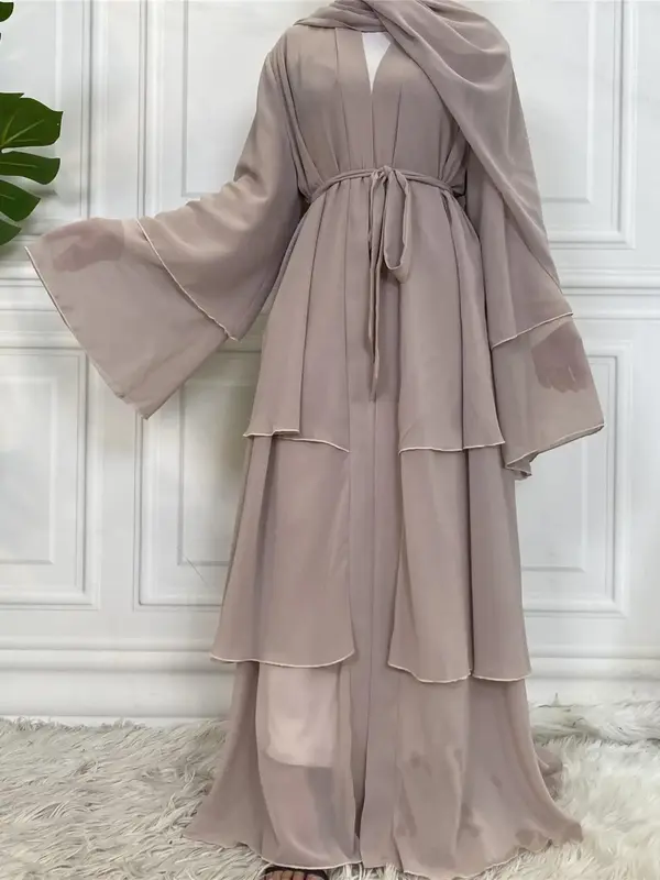 Women's Solid Color Chiffon Abaya, Elegant Long Sleeve Open Front Belted Dress for Party Wedding Guest, Ladies Islamic Clothi...