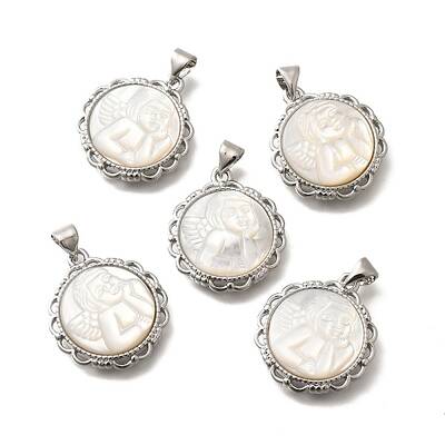 Brass Pave Natural White Shell Carved Angel Pendants