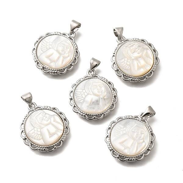 Brass Pave Natural White Shell Carved Angel Pendants