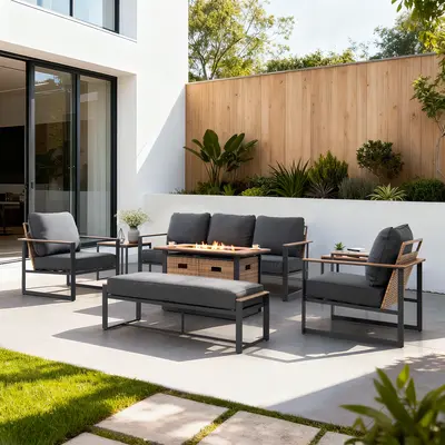 SUNJOY allen + roth Dorsey 7 -Piece Rattan Patio Sofa Conversation Set with Gray Cushions