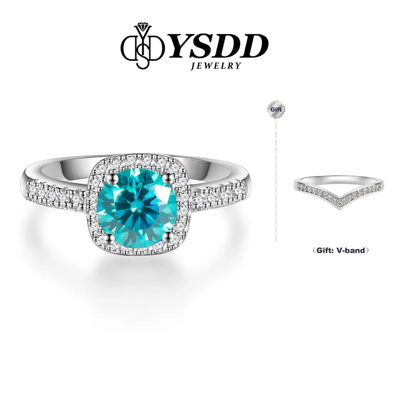 【#98 Buy 1 Get 1 V Band】Synthetic Moissanite Engagement Ring for Women, 1CT Neon Blue Color VVS1 Clarity, 925 Sterling Si...
