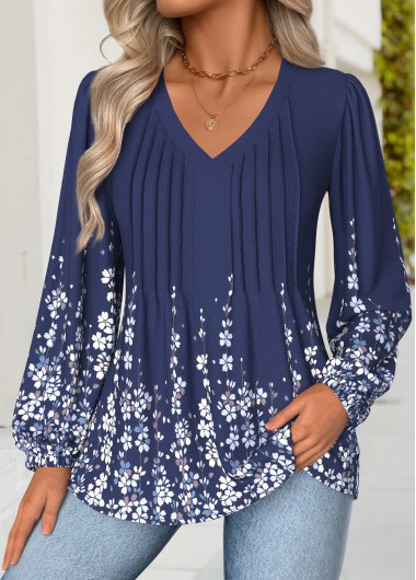 Modlily Navy Tummy Coverage Floral Print Long Sleeve Blouse - M