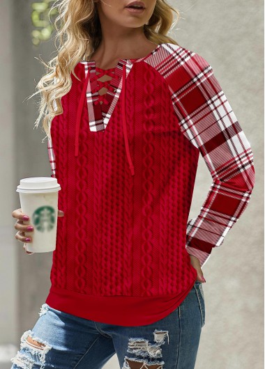 Modlily Red Lace Up Plaid Long Sleeve Split Neck Sweatshirt - XL