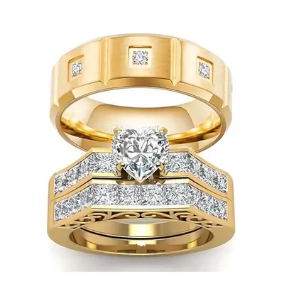 10K Gold Heart Cut Couple Rings Couple Wedding Rings Sets for Men and Women