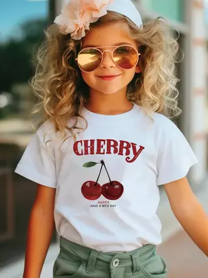 Cherry Pattern Print Round Neck Tee, Casual Short Sleeve T-shirt for Summer, Kids Clothes for Daily Wear