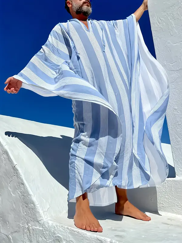 Blue & White Striped Men's Caftan, Loose Greek Style Kaftan Robe for Beach, Pool & Summer Vibes