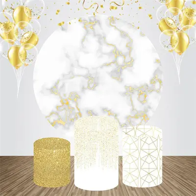 White Gold Glitter Round Happy Birthday Backdrop Kit - Aperturee
