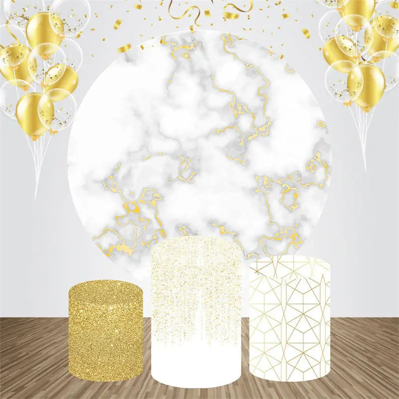 White Gold Glitter Round Happy Birthday Backdrop Kit - Aperturee